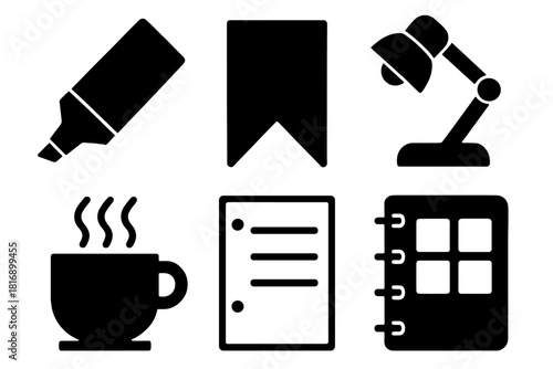 Study Icons Collection. Study Essentials Set silhouette icon set: highlighter, bookmark, study lamp, coffee cup, notes page, planner