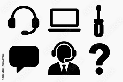 Tech Support Icons. Tech Assistance silhouette icon set. headset icon, laptop screen, screwdriver symbol, chat bubble, support agent, question mark