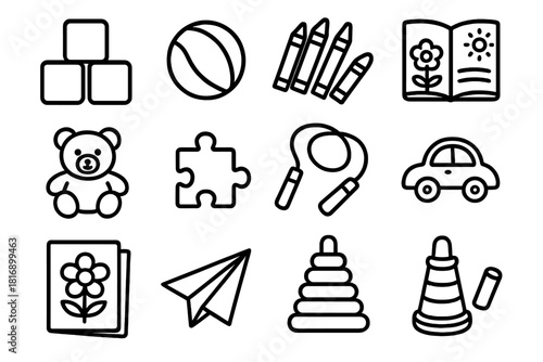 Children's Toy Icons. Children Play Set linear icon set: toy blocks, rubber ball, crayons, picture book, teddy bear, puzzle piece, jump rope, toy car, coloring page, paper airplane