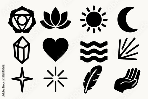 Bold Chakra Icon Set. Energy Alignment silhouette icon set. chakra symbol, lotus, sun, moon, crystal, heart, wave, light beam, star, spark, feather, open hand