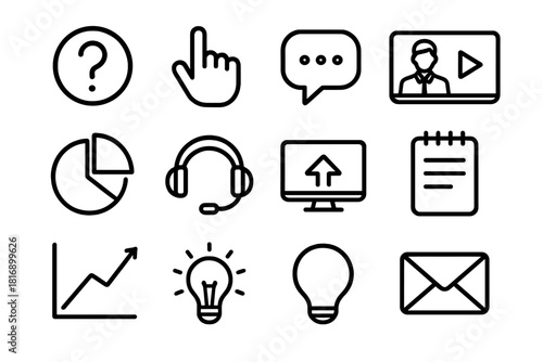 Webinar Essentials Icons. Interactive Webinars linear icon set: question icon, pointer hand, chat box, video frame, pie chart, speech bubble, headset, screen share, notepad, graph