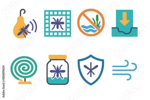 Mosquito Control Icons. Vector Control flat icon set: mosquito lure, treated netting, habitat removal symbol, drainage arrow, repellant coil, monitoring jar, protective shield