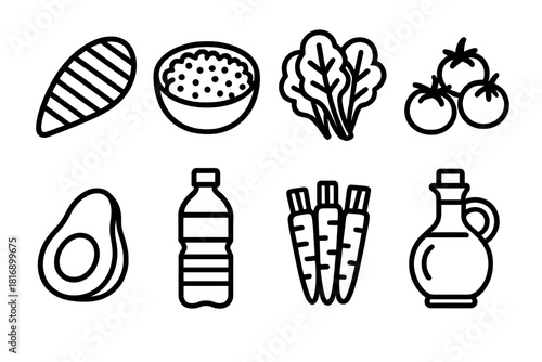 Healthy Lunch Icons. Healthy Lunch linear icon set. grilled chicken, quinoa bowl, leafy greens, cherry tomatoes, avocado, water bottle, carrot sticks, olive oil bottle.