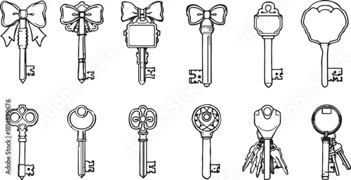 Assortment of Decorative and Functional Keys with Bows and Keyrings ribbon