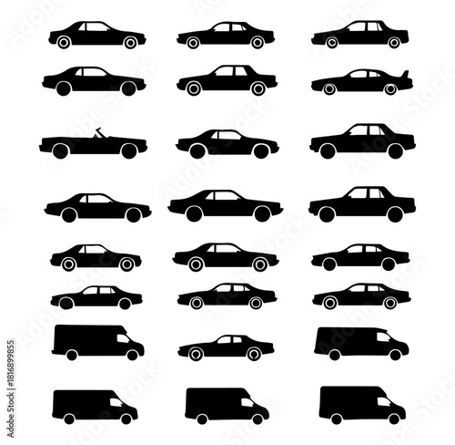 Passenger Vehicle Silhouette Icon Set: Black Car Profiles including Sedan, Coupe, Convertible, and Commercial Van Shapes for Automotive Graphics & Web Icons