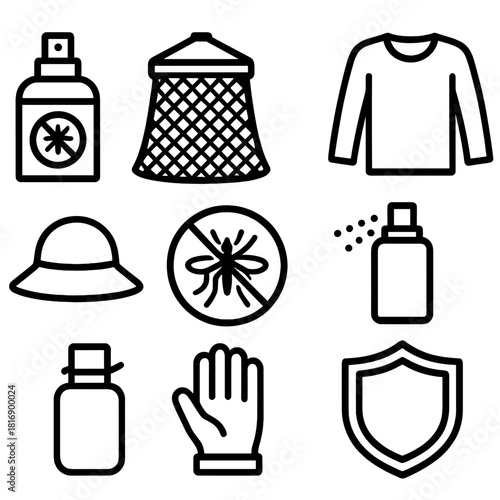 Insect Defense Essentials. Insect protection concept linear icon set: repellent bottle, mosquito net, long sleeve, glove, hat, insect symbol, spray, shield