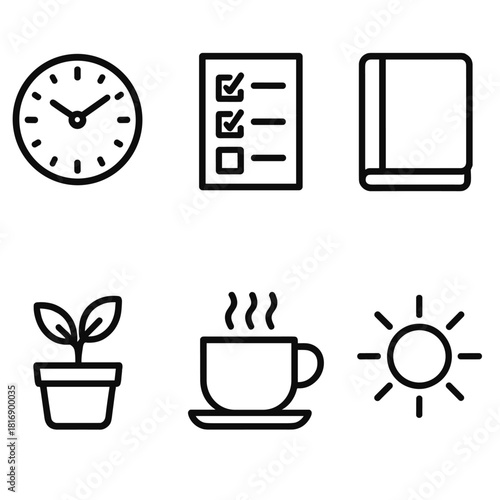 Icons of Daily Balance. Daily Balance linear icon set: clock, checklist, journal, tea cup, plant, sunlight