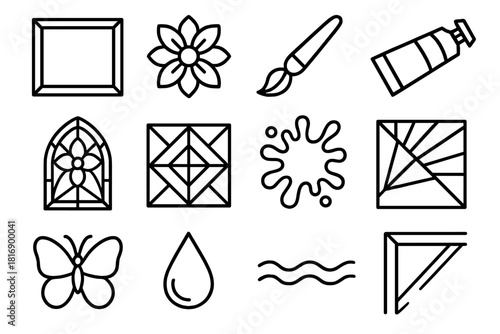 Stained Glass Icons. Handcrafted Glass Painting linear icon set. glass frame, floral pattern, brush, tube of paint, droplet, stained window, geometric motif, color splash, light