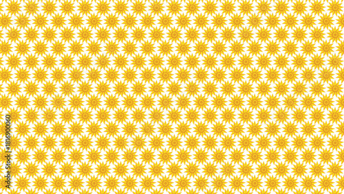 Seamless Yellow Starburst Pattern: Repeated geometric sun or flower shapes in bright yellow and orange on a light grey background, a vibrant wallpaper.