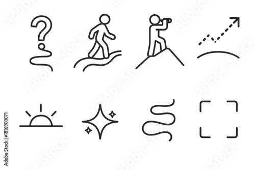 Curious Exploration Icons. Curious Roam Set linear icon set: question path, exploring figure, lookout point, dotted arrows, horizon arc, discovery spark, roaming line, open space