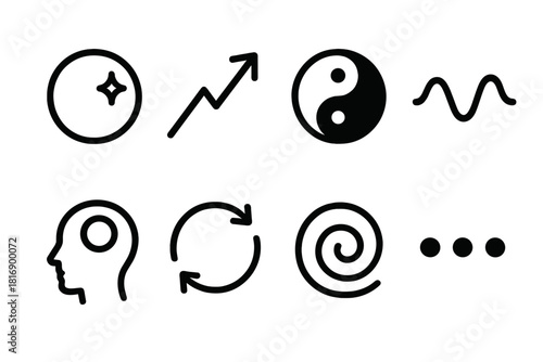 Holistic Study Icons. Holistic study practices symbols linear icon set: clarity ring, growth arrow, balance circle, energy wave, focused mind icon, routine loop, calm swirl