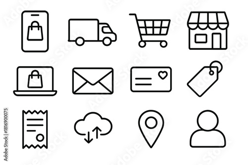 Omnichannel Shopping Icons. Omnichannel shopping linear icon set: phone app, delivery van, shopping cart, store icon, laptop, email, loyalty card, product tag, receipt, cloud sync