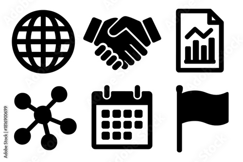 Bold Vector Icons. Global consensus silhouette icon set. globe, handshake, document chart, calendar, network nodes, flag.