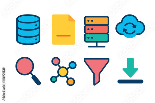 Modern Data Icons. Data Management flat icon set: database, file icon, server, cloud sync, search icon, network, filter funnel, download arrow