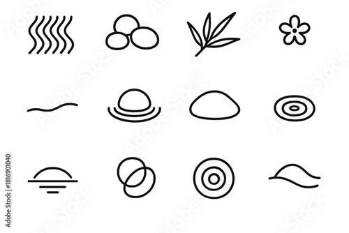 Zen Garden Icons. Zen Garden Pack linear icon set: raked sand pattern, pebble cluster, bamboo leaf, tiny blossom, flowing line, tranquil pond arc, smooth rock, minimal ripple, calm