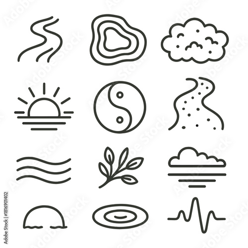 Nature Flow Icons. Natural Flow Icons linear icon set: river path, contour lines, gentle breeze, moss patch, rising sun, harmony loop, grounded trail, open sky, lakeshore ripple