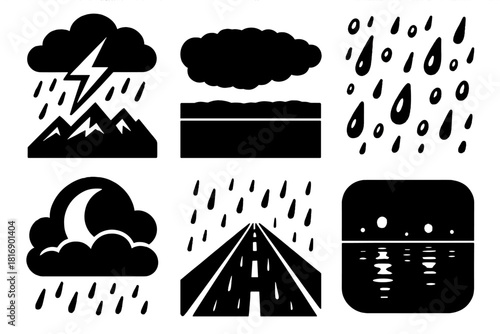 Brutalist Storm Icons. Night Storm silhouette icon set: lightning over mountains, dark horizon, raindrops on glass, moon behind clouds, wet road, reflection lights