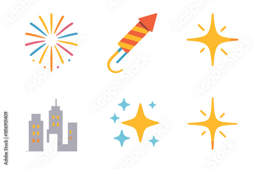Vibrant Firework Display. Sky Spectacle flat icon set : firework burst, rocket with trail, glowing spark, city silhouette, star cluster, light flare