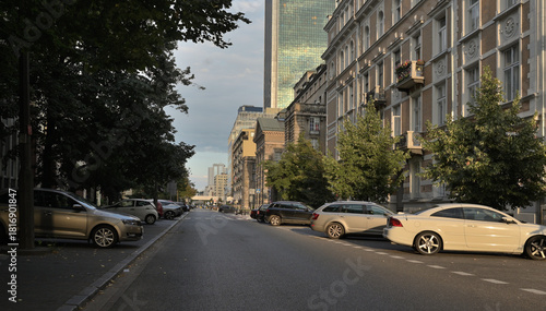 Morning city. Deserted streets, free of people. Rising summer sun. Green, calm urban spaces. Biodesign, urban landscape. Mrs. Warsaw. Palac Kultury
