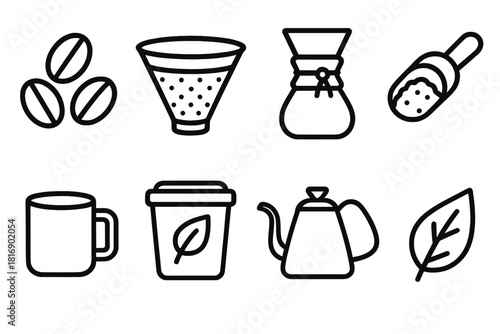 Sustainable Coffee Icons. Sustainable Coffee Brewing linear icon set. coffee beans, reusable filter, glass carafe, wooden scoop, mug, compost bin, kettle, leaf icon