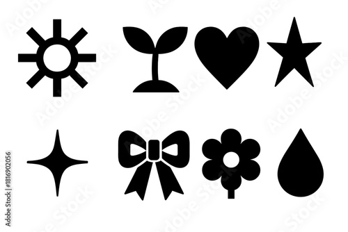 Brutalist Icon Set. New beginnings silhouette icon set : sunbeam, sprout, heart, star, sparkle, ribbon bow, bloom, dew drop