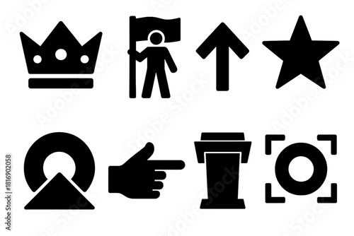 Leadership Icon Set. Leadership Symbols silhouette icon set: crown icon, flag bearer figure, upward arrow, star emblem, spotlight circle, guiding hand, podium silhouette, focus