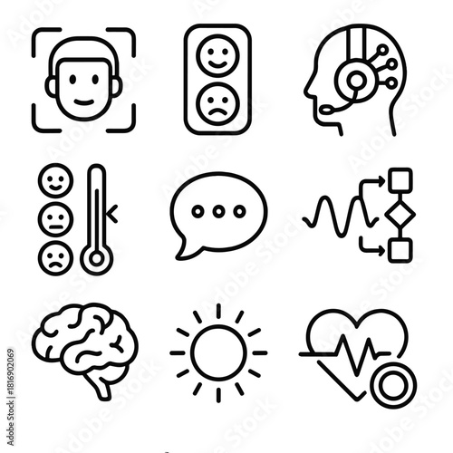 Emotive Tech Elements. Affective computing linear icon set. digital face, mood chart, headset, neural link, emotion meter, chat bubble, signal wave, algorithm icon, brain, light