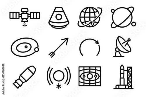 Space Science Icons. Orbital Science linear icon set: geostationary satellite, space capsule, orbital path map, planet with moons, elliptical diagram, velocity vector, trajectory