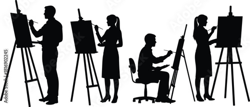 Creative Artists and Painters Silhouettes Standing Sitting Drawing Painting on Easel with Brushes in Art Studio Gallery Workshop Isolated Vector Illustration White Background