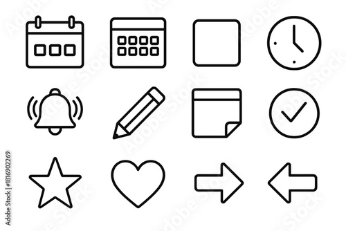 Iconic Calendar Elements. Calendar Basics linear icon set: calendar page, month grid, date square, clock, alarm bell, pencil, sticky note, checkmark, star, heart, arrow left, arrow