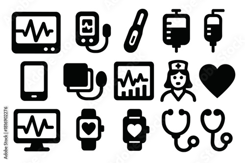 Brutalist Medical Icons. Patient Monitoring Devices silhouette icon set. ECG monitor, pulse oximeter, thermometer, IV drip, tablet, blood pressure cuff, data chart, nurse, heart