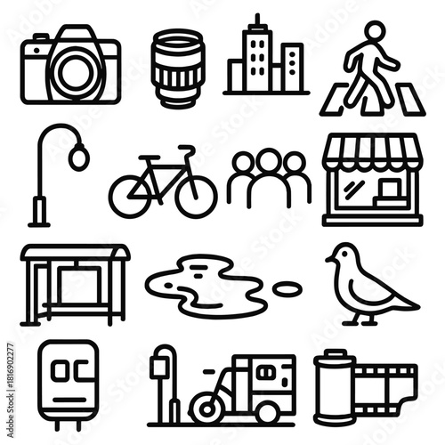 Urban Iconography. Street Photography linear icon set. camera, lens, city skyline, crosswalk, streetlight, bicycle, crowd silhouette, shop window, bus stop, rain puddle, pigeon