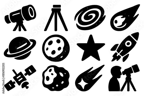 Brutalist Space Icons. Deep Space Telescope silhouette icon set. telescope, tripod, galaxy, comet, planet, moon, star, rocket, satellite, asteroid, light streak, astronomer.