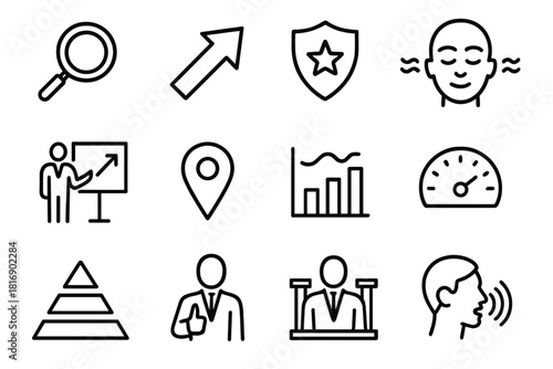 Executive Icon Set. Executive Presence Set linear icon set: strategic lens, direction arrow, professionalism badge, calm breath icon, presentation frame, priority marker, steady