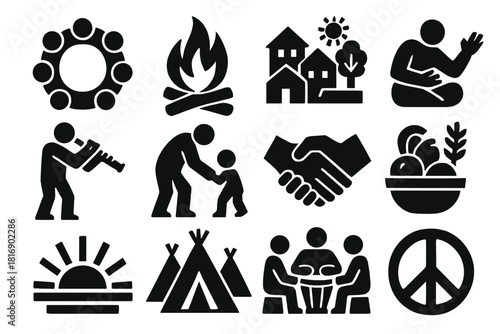 Brutalist Heritage Icons. Community and heritage silhouette icon set: circle of people, fire pit, village scene, storyteller, flute player, child and elder, friendship hands