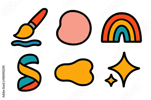 Bold Vector Icons. Joyful Palette silhouette icon set : color brush, pastel blob, rainbow arch, ribbon twist, paint dab, light sparkle