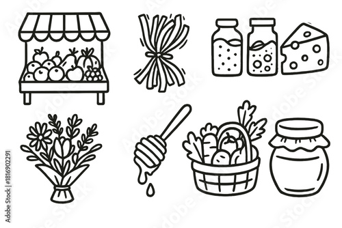 Market Doodle Icons. Local Market Finds set of icons in doodle hand-drawn vector style. fruit stand, handmade pasta, spice jars, cheese block, flower bouquet, honey dipper