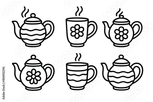 Artistic Pottery Icons. Handcrafted Pottery Teapots linear icon set. clay teapot, mug, handle, glaze detail, steam line, flower motif