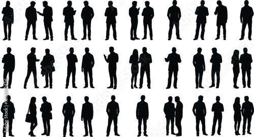 Crowd of Diverse People Silhouettes, Standing in Various Poses, Professional, Casual, Men, Women, Talking, Waiting, Social Interaction, Full Length, Isolated, Vector Graphic Collection.