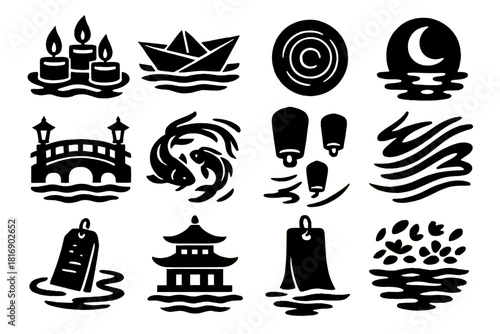 Brutalist River Icons. River of Lights silhouette icon set. floating candles, paper boats, rippling water, moon reflection, bridge lanterns, sky lanterns, glowing trails, koi fish