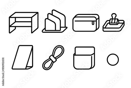 Organized Desk Essentials. Desk Declutter Set linear icon set: compact shelf, sort divider, pencil case, clip tray, file stand, cable loop, accessory pocket, neatness dot
