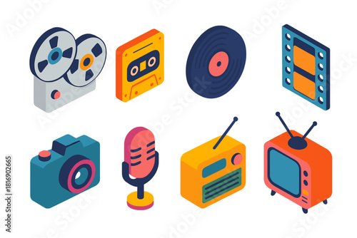 Retro Media Icons. Analog Media flat icons set. reel-to-reel, cassette, vinyl, film strip, camera, microphone, radio, TV set