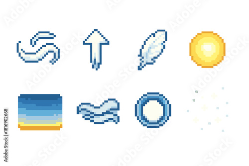 Sky-Themed Pixel Icons. Sky Environment pixel style icon set: cirrus curl, rising draft, drifting feather, soft glow orb, horizon gradient line, breezy ribbon, atmospheric ring