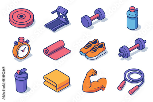 Isometric Fitness Icons. Fitness Workout flat icon set: weight plate, treadmill, dumbbell, water bottle, stopwatch, mat, sneakers, barbell, protein shaker, towel, muscle arm, jump