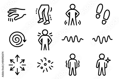 Restlessness Icons Set. Physical Restlessness Icons linear icon set: tapping fingers, restless legs, shifting stance figure, rapid step marks, fidget swirl, tense posture line
