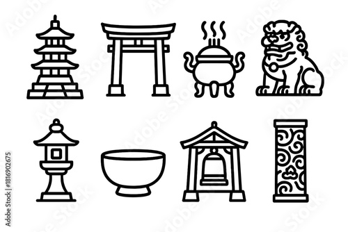Ancient Temple Icons. Ancient Temples and Shrines linear icon set. stone pagoda, temple gate, incense burner, guardian lion, prayer lantern, offering bowl, bell tower, carved