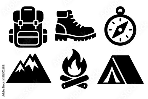 Brutalist Expedition Icons. Mountain Expedition silhouette icon set. backpack, hiking boots, compass, tent, campfire, peaks