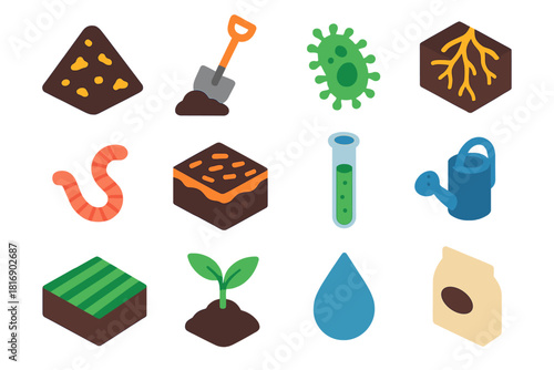 Soil Health Icons. Soil health regeneration flat icons set. compost heap, shovel, microbe icon, roots, earthworm, mulch layer, test tube, watering can, field rows, leaf sprout