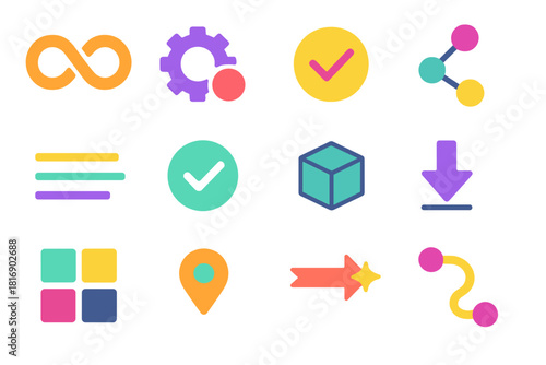 Minimalist CICD Icons. CI/CD Deployment flat icon set: continuous loop, build trigger, automated test badge, integration nodes, pipeline lanes, approval check, artifact box, deploy