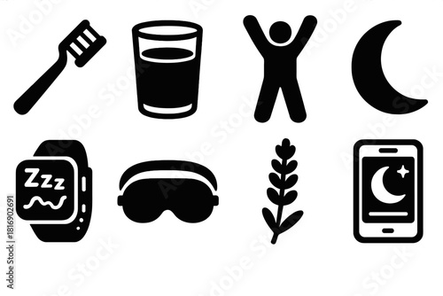Bold Sleep Icons. Healthy Sleep Routine silhouette icon set: toothbrush, glass of water, stretching figure, moon phase, sleep tracker, eye mask, lavender flower, bedtime app